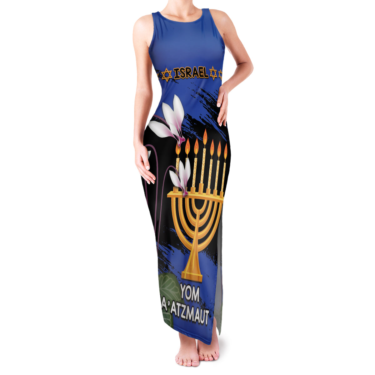 Personalised Israel Independence Day Family Matching Tank Maxi Dress and Hawaiian Shirt Menorah With Cyclamen Persicum Grunge - Wonder Print Shop