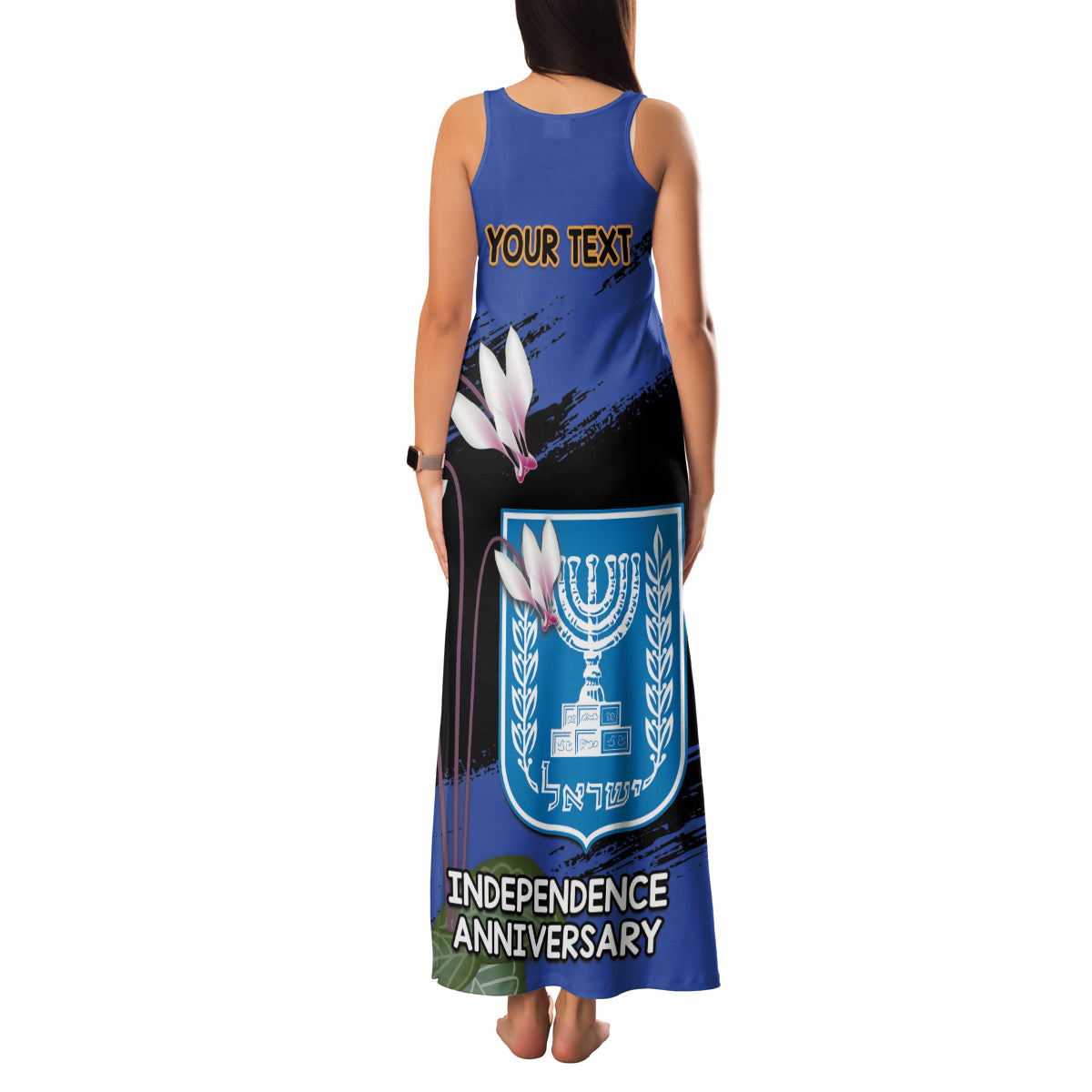 Personalised Israel Independence Day Family Matching Tank Maxi Dress and Hawaiian Shirt Menorah With Cyclamen Persicum Grunge - Wonder Print Shop