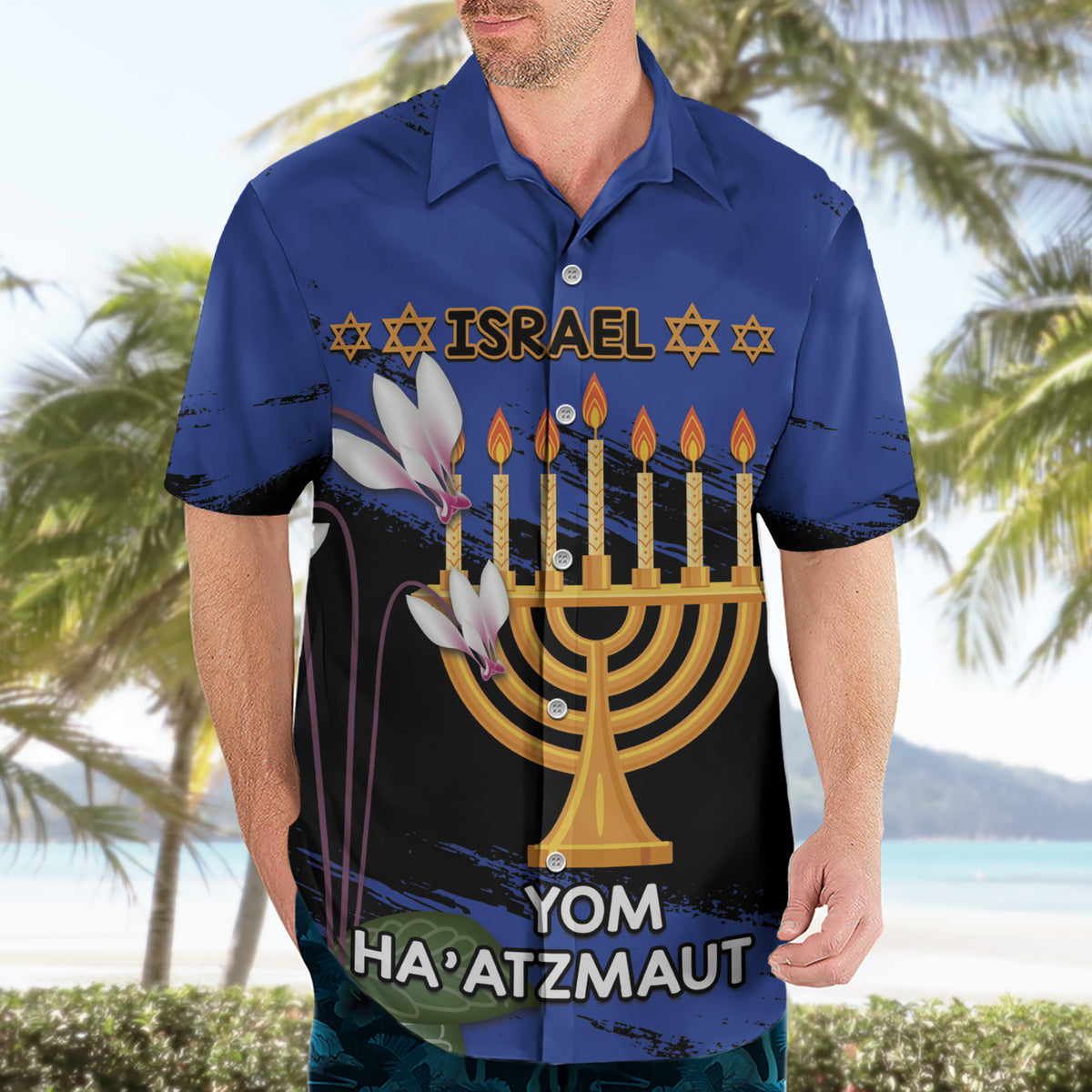 Personalised Israel Independence Day Hawaiian Shirt Menorah With Cyclamen Persicum Grunge - Wonder Print Shop