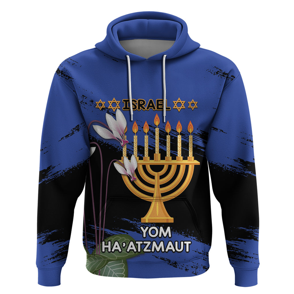 Personalised Israel Independence Day Hoodie Menorah With Cyclamen Persicum Grunge