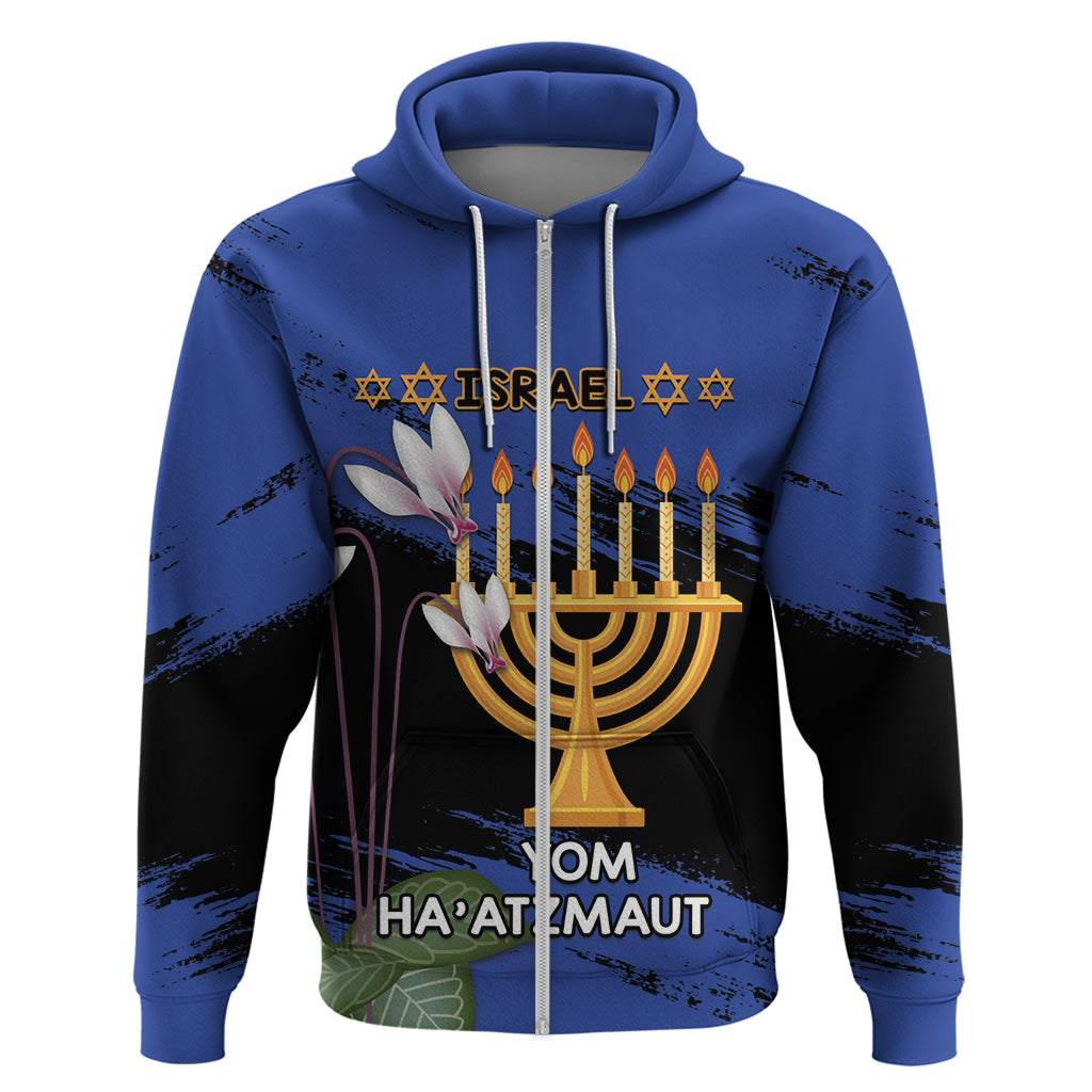 Personalised Israel Independence Day Hoodie Menorah With Cyclamen Persicum Grunge - Wonder Print Shop