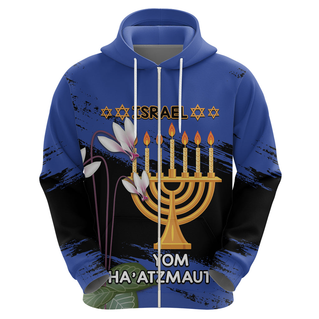 Personalised Israel Independence Day Hoodie Menorah With Cyclamen Persicum Grunge - Wonder Print Shop