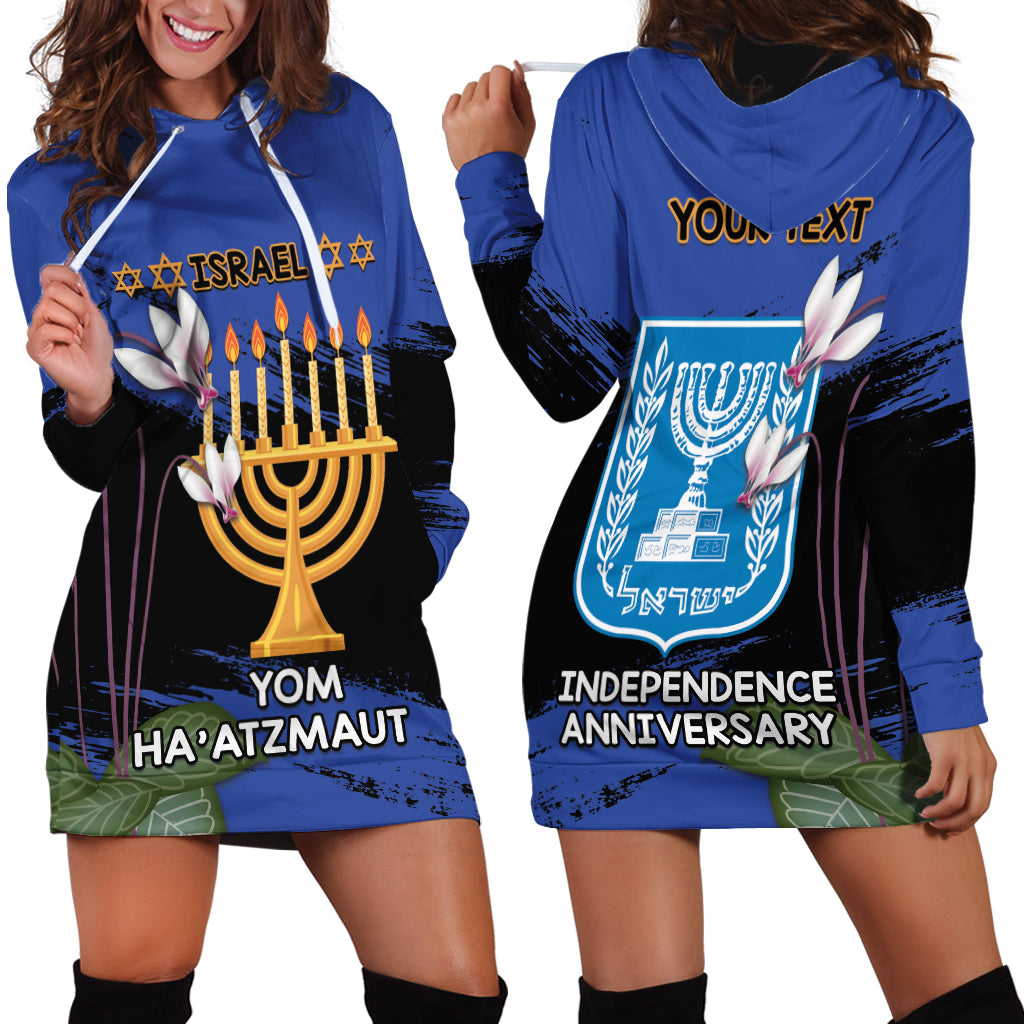 Personalised Israel Independence Day Hoodie Dress Menorah With Cyclamen Persicum Grunge - Wonder Print Shop