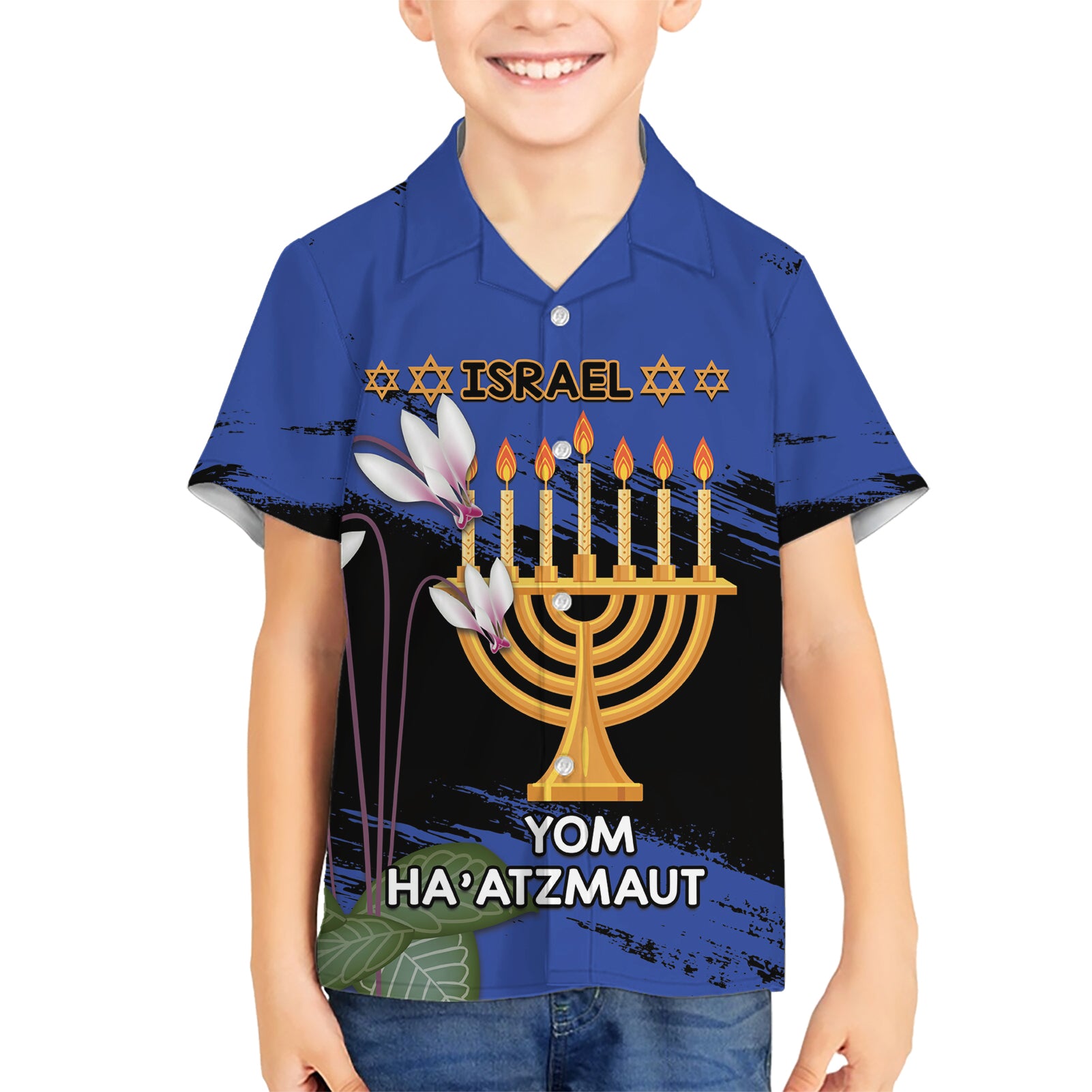 Personalised Israel Independence Day Kid Hawaiian Shirt Menorah With Cyclamen Persicum Grunge