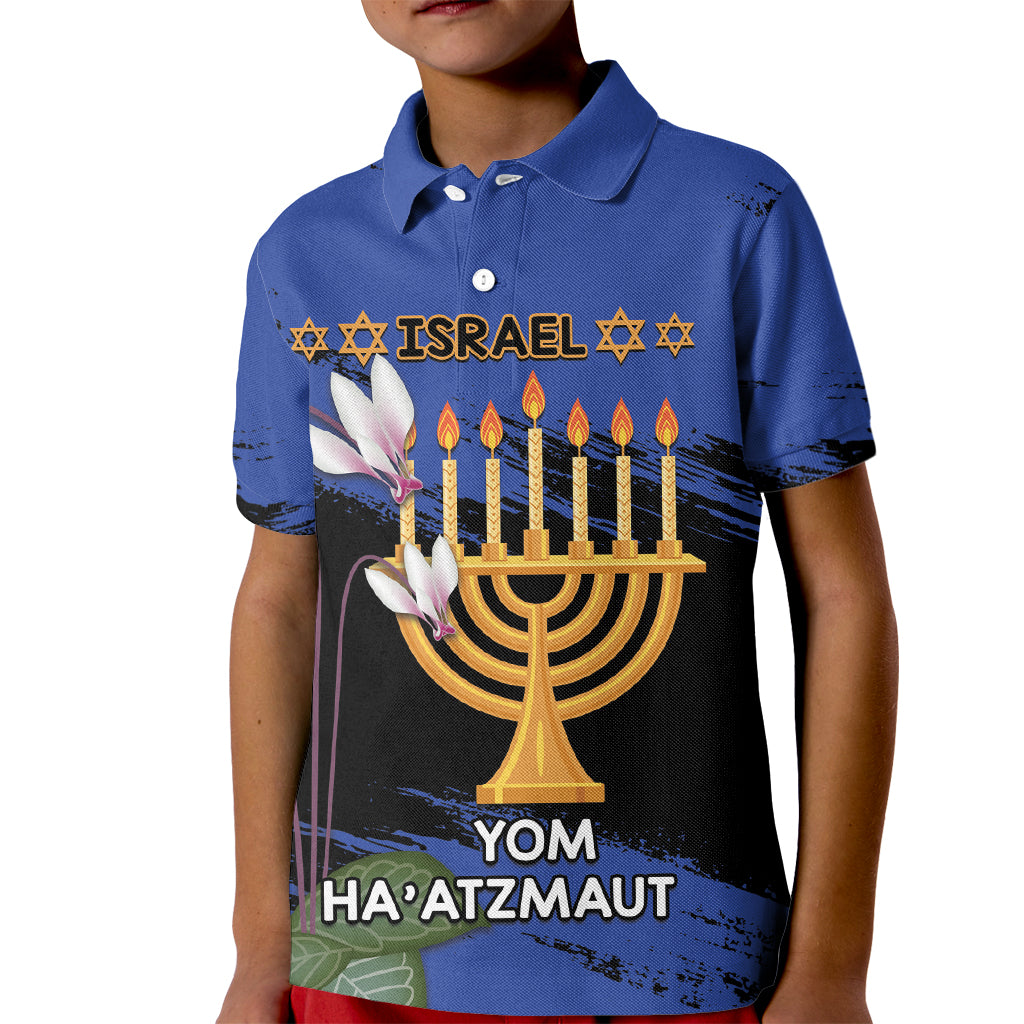 Personalised Israel Independence Day Kid Polo Shirt Menorah With Cyclamen Persicum Grunge