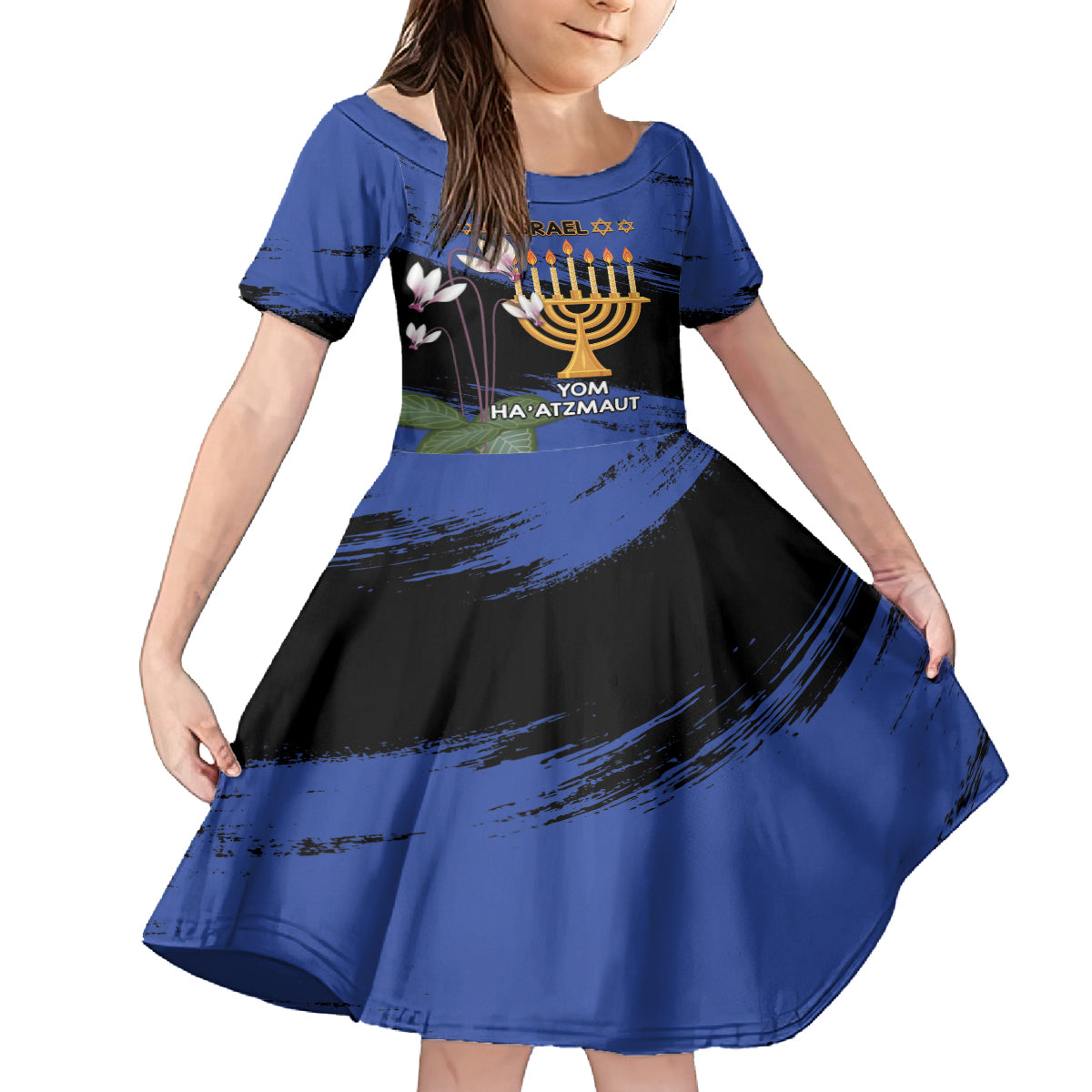 Personalised Israel Independence Day Kid Short Sleeve Dress Menorah With Cyclamen Persicum Grunge