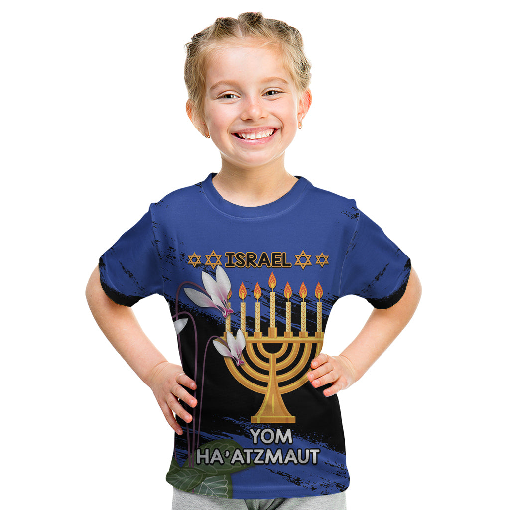 Personalised Israel Independence Day Kid T Shirt Menorah With Cyclamen Persicum Grunge - Wonder Print Shop