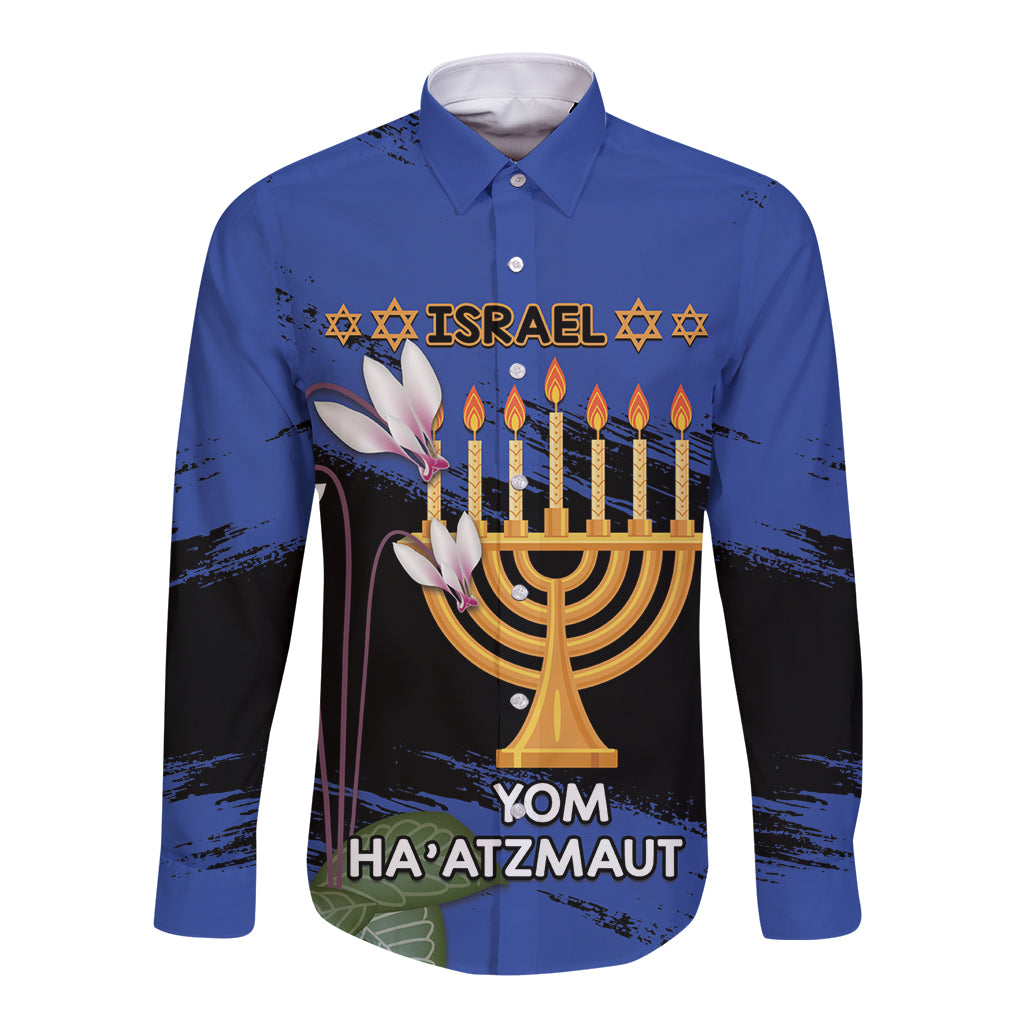 Personalised Israel Independence Day Long Sleeve Button Shirt Menorah With Cyclamen Persicum Grunge - Wonder Print Shop