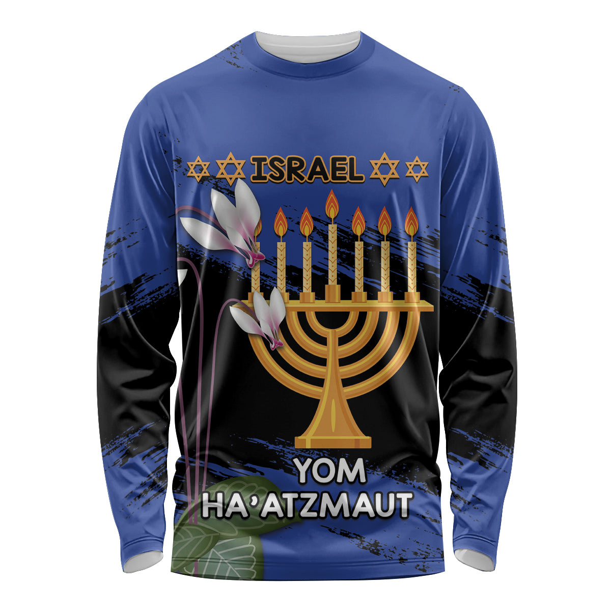 Personalised Israel Independence Day Long Sleeve Shirt Menorah With Cyclamen Persicum Grunge - Wonder Print Shop