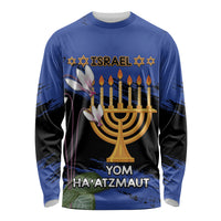 Personalised Israel Independence Day Long Sleeve Shirt Menorah With Cyclamen Persicum Grunge - Wonder Print Shop