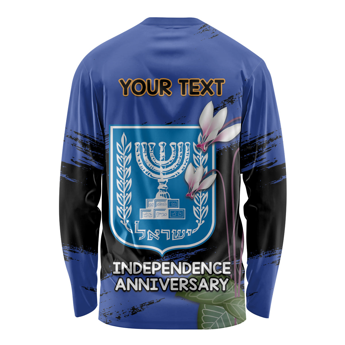 Personalised Israel Independence Day Long Sleeve Shirt Menorah With Cyclamen Persicum Grunge - Wonder Print Shop