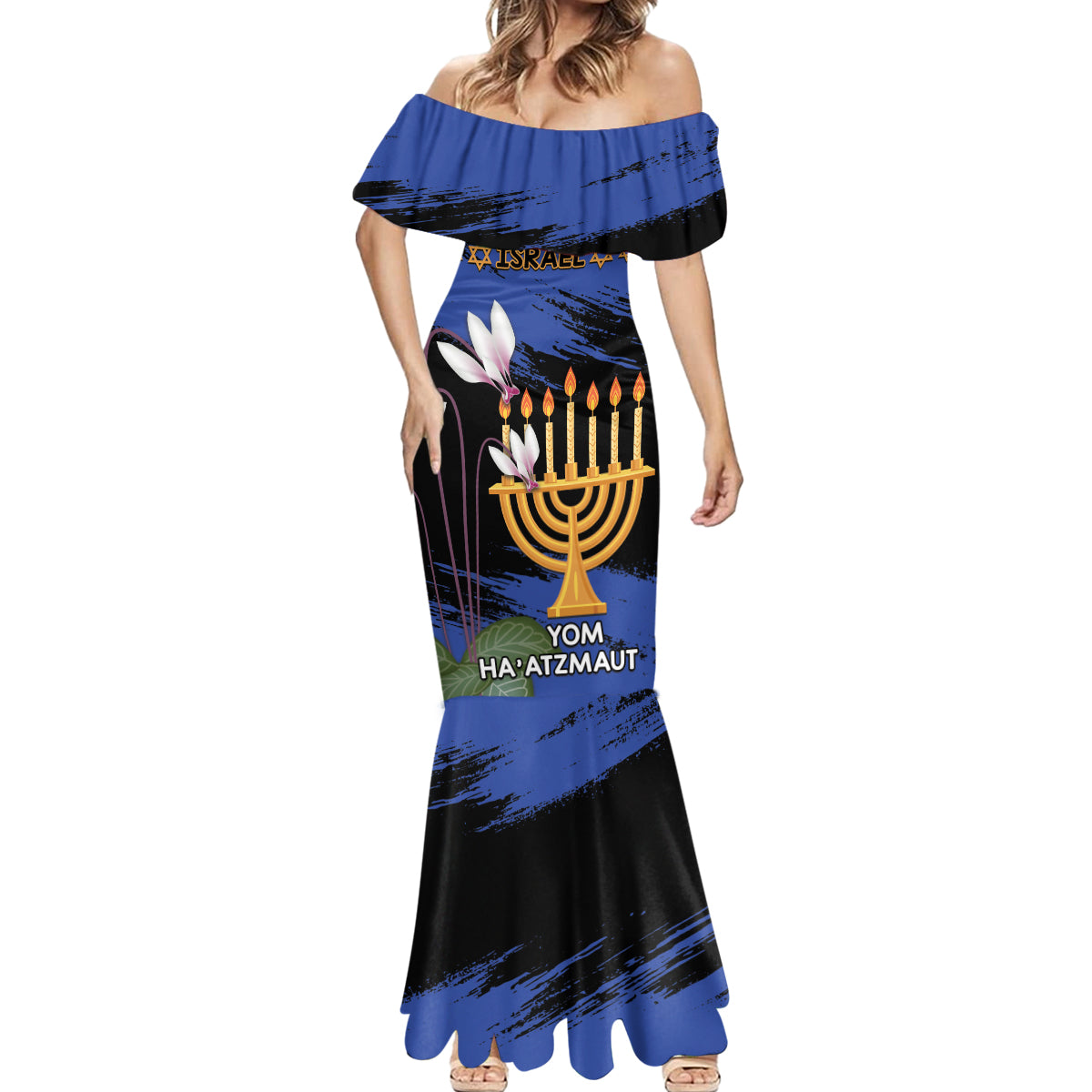 Personalised Israel Independence Day Mermaid Dress Menorah With Cyclamen Persicum Grunge - Wonder Print Shop