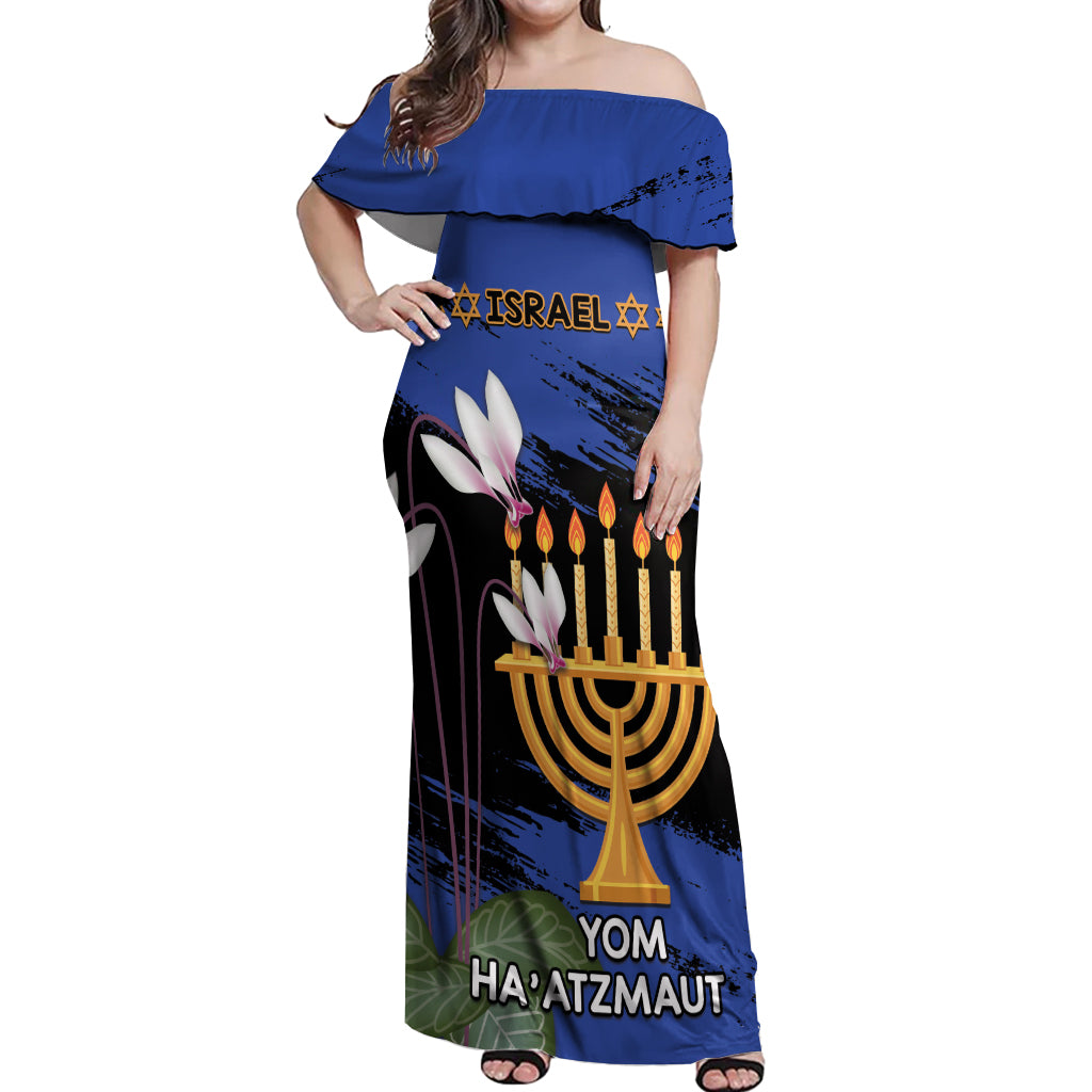 Personalised Israel Independence Day Off Shoulder Maxi Dress Menorah With Cyclamen Persicum Grunge - Wonder Print Shop