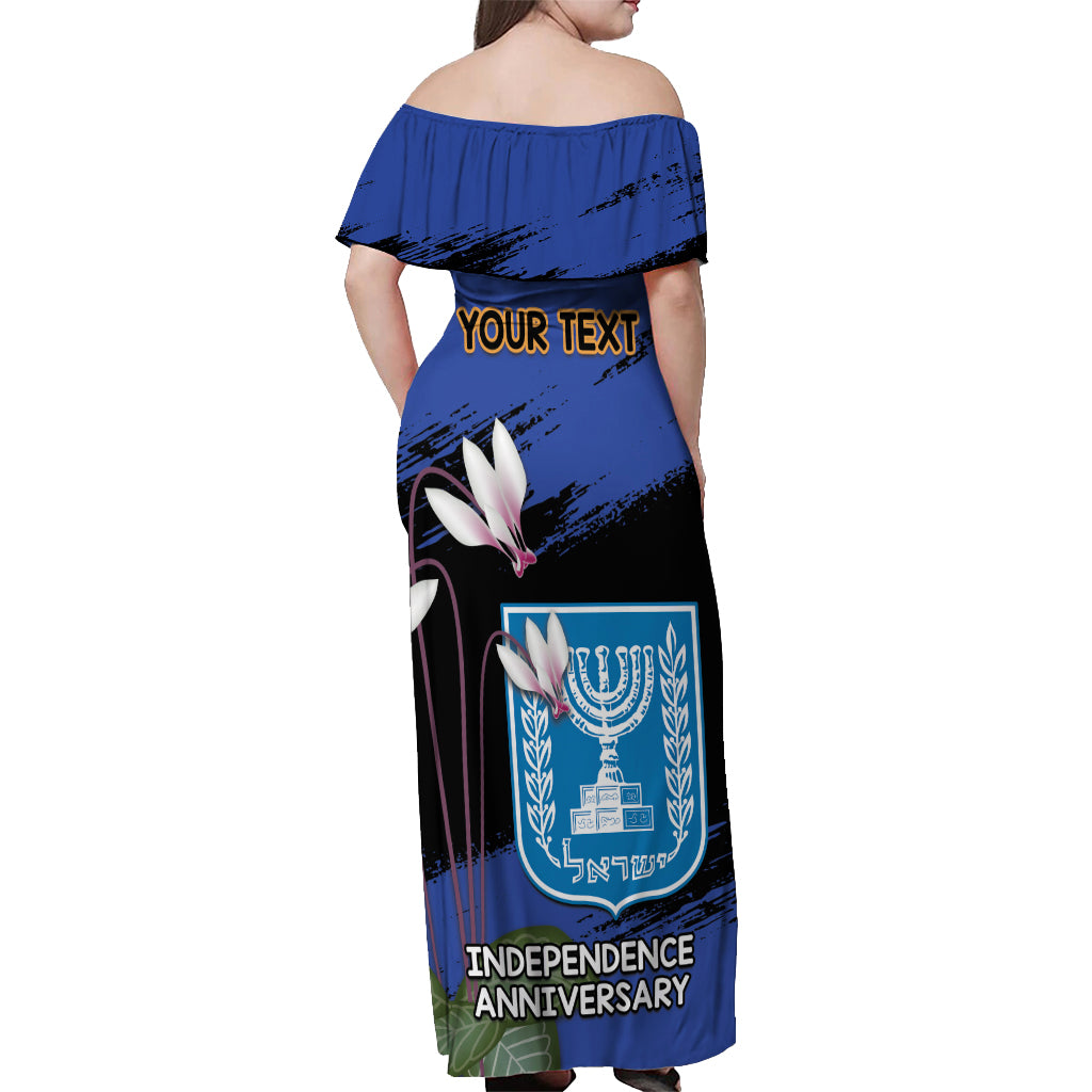 Personalised Israel Independence Day Off Shoulder Maxi Dress Menorah With Cyclamen Persicum Grunge - Wonder Print Shop
