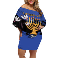 Personalised Israel Independence Day Off Shoulder Short Dress Menorah With Cyclamen Persicum Grunge - Wonder Print Shop
