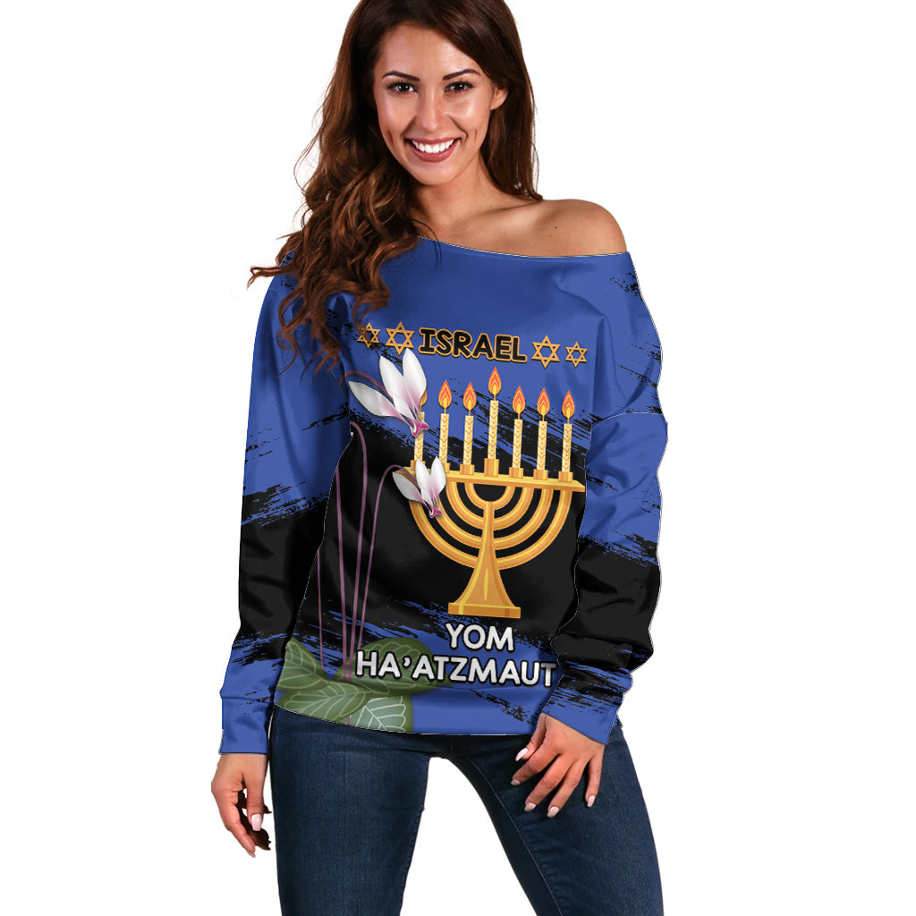 Personalised Israel Independence Day Off Shoulder Sweater Menorah With Cyclamen Persicum Grunge - Wonder Print Shop