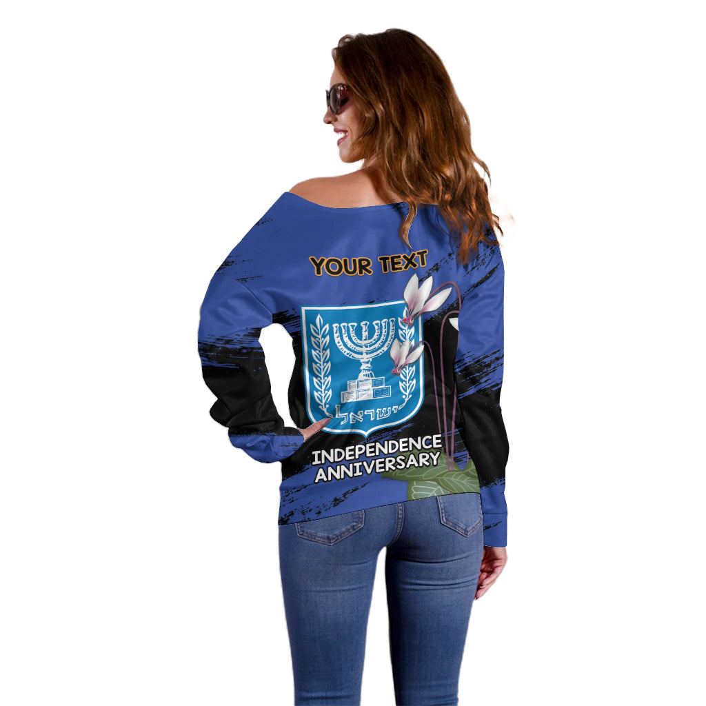 Personalised Israel Independence Day Off Shoulder Sweater Menorah With Cyclamen Persicum Grunge - Wonder Print Shop