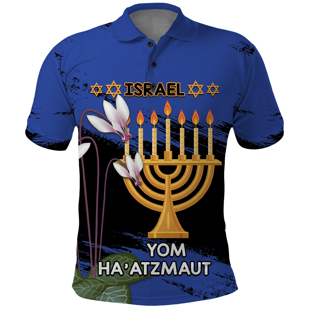 Personalised Israel Independence Day Polo Shirt Menorah With Cyclamen Persicum Grunge