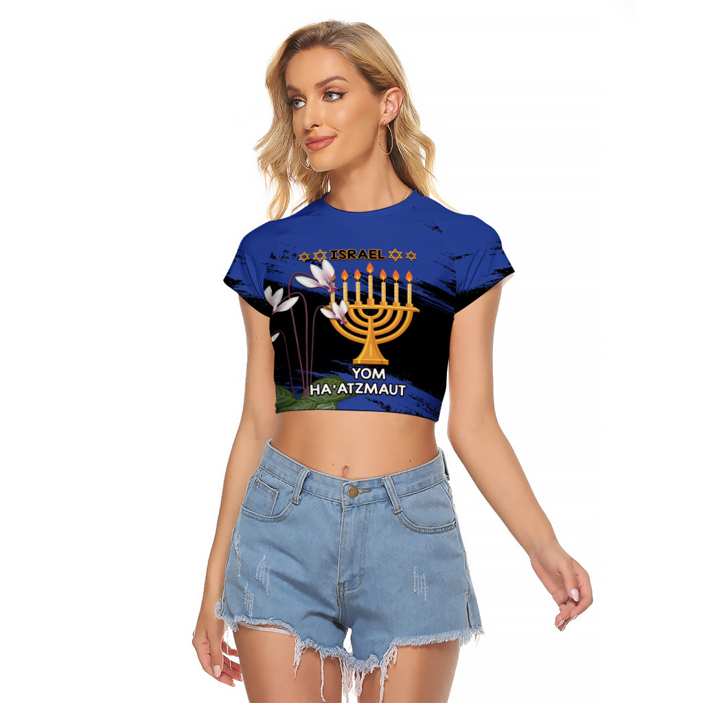 Personalised Israel Independence Day Raglan Cropped T Shirt Menorah With Cyclamen Persicum Grunge