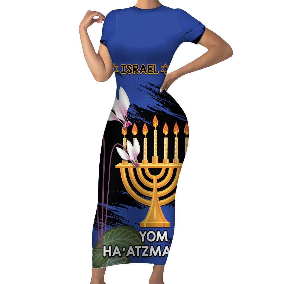 Personalised Israel Independence Day Short Sleeve Bodycon Dress Menorah With Cyclamen Persicum Grunge - Wonder Print Shop