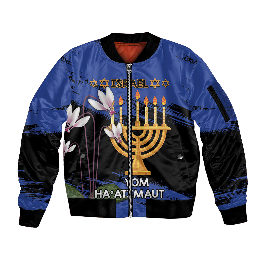 Personalised Israel Independence Day Sleeve Zip Bomber Jacket Menorah With Cyclamen Persicum Grunge