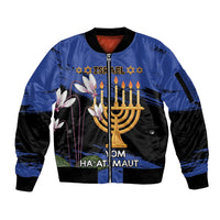 Personalised Israel Independence Day Sleeve Zip Bomber Jacket Menorah With Cyclamen Persicum Grunge - Wonder Print Shop
