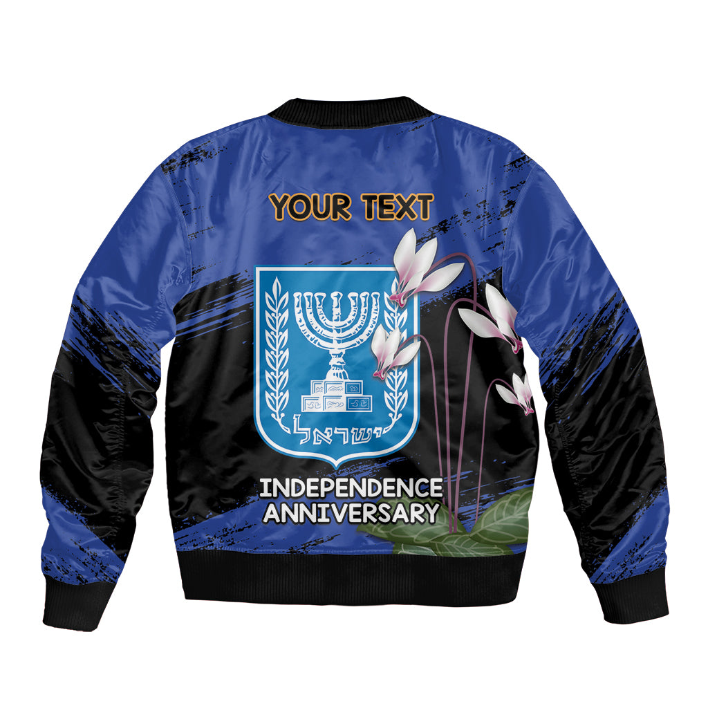 Personalised Israel Independence Day Sleeve Zip Bomber Jacket Menorah With Cyclamen Persicum Grunge - Wonder Print Shop