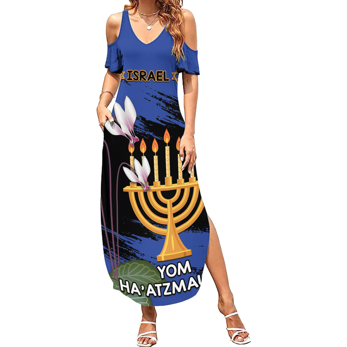 Personalised Israel Independence Day Summer Maxi Dress Menorah With Cyclamen Persicum Grunge - Wonder Print Shop