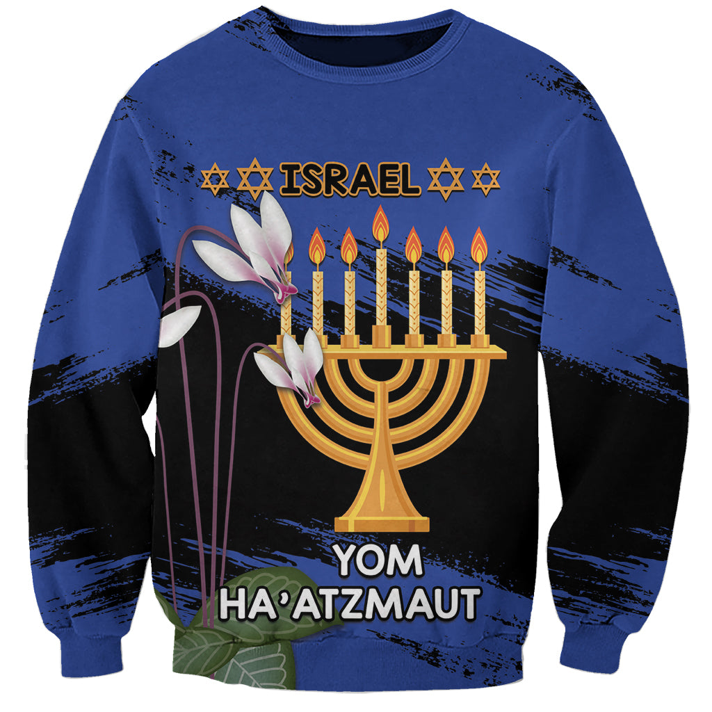 Personalised Israel Independence Day Sweatshirt Menorah With Cyclamen Persicum Grunge - Wonder Print Shop