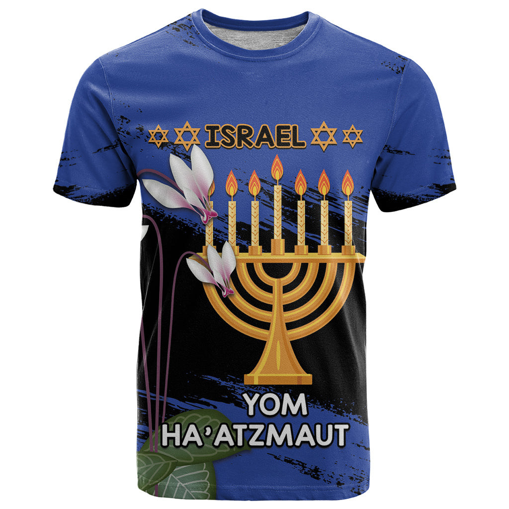 Personalised Israel Independence Day T Shirt Menorah With Cyclamen Persicum Grunge - Wonder Print Shop