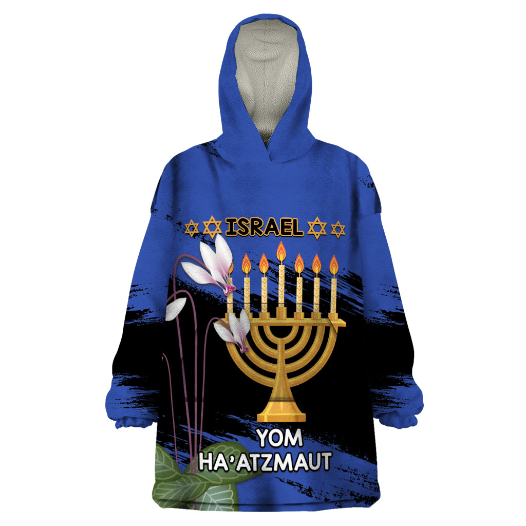 Personalised Israel Independence Day Wearable Blanket Hoodie Menorah With Cyclamen Persicum Grunge