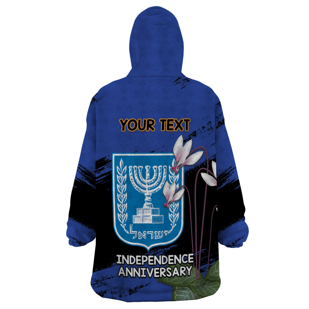 Personalised Israel Independence Day Wearable Blanket Hoodie Menorah With Cyclamen Persicum Grunge - Wonder Print Shop