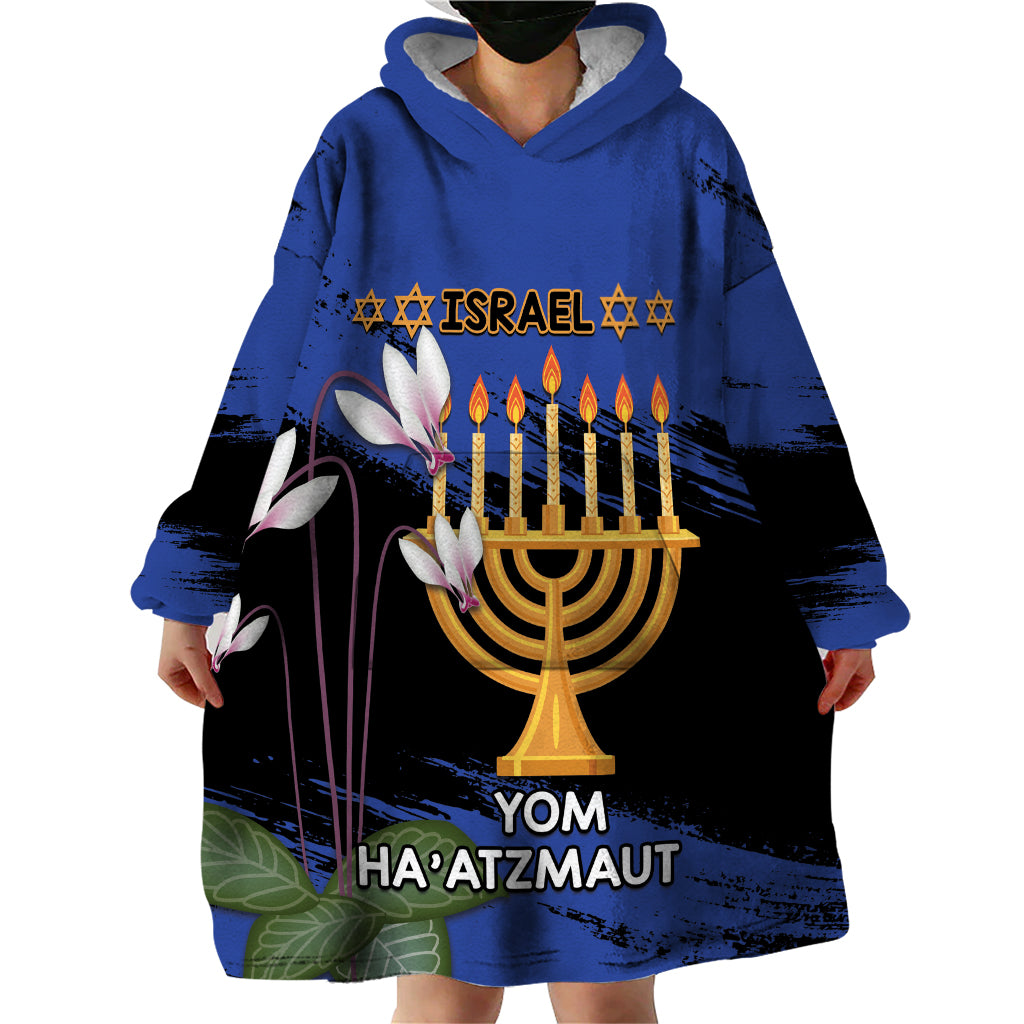 Personalised Israel Independence Day Wearable Blanket Hoodie Menorah With Cyclamen Persicum Grunge - Wonder Print Shop