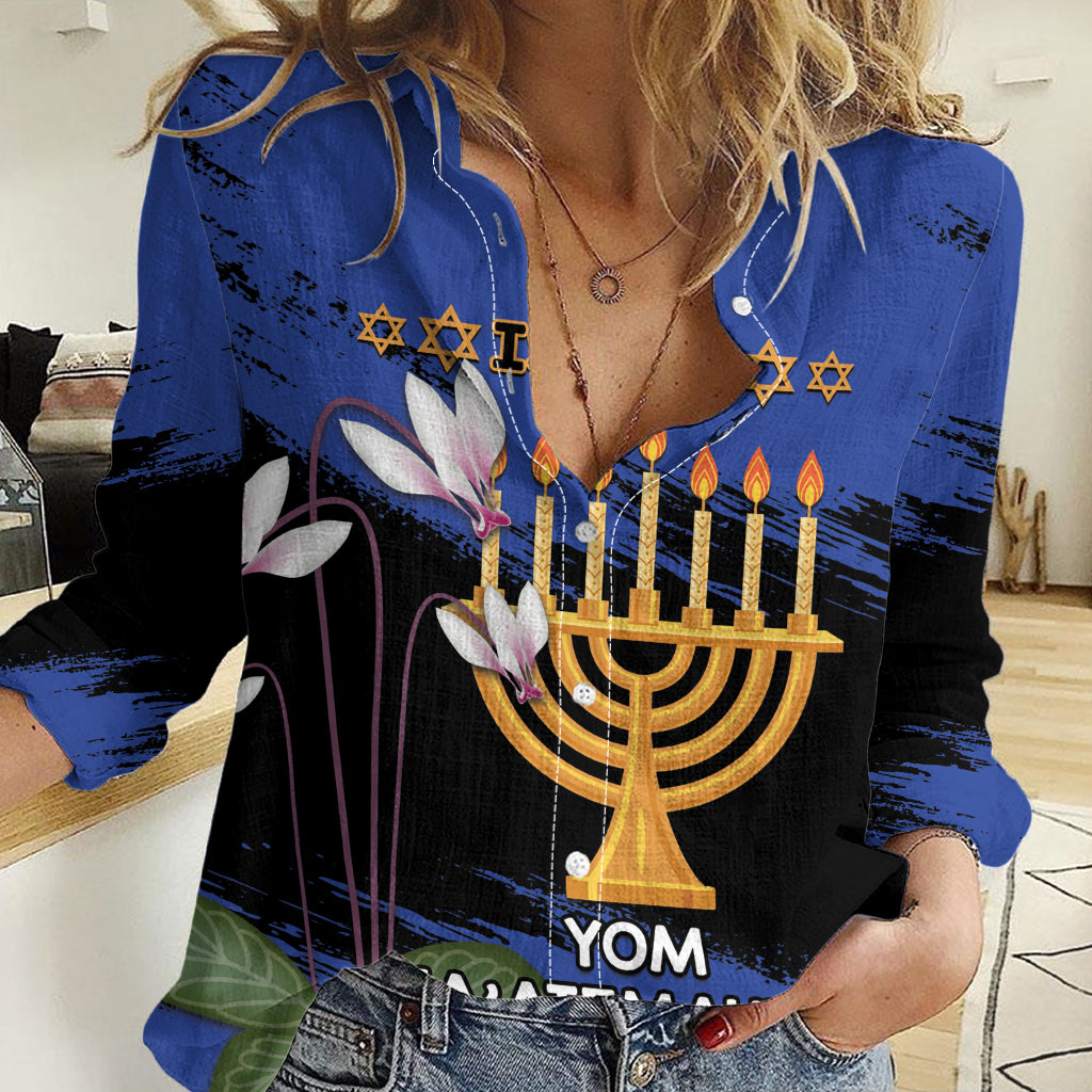 Personalised Israel Independence Day Women Casual Shirt Menorah With Cyclamen Persicum Grunge - Wonder Print Shop