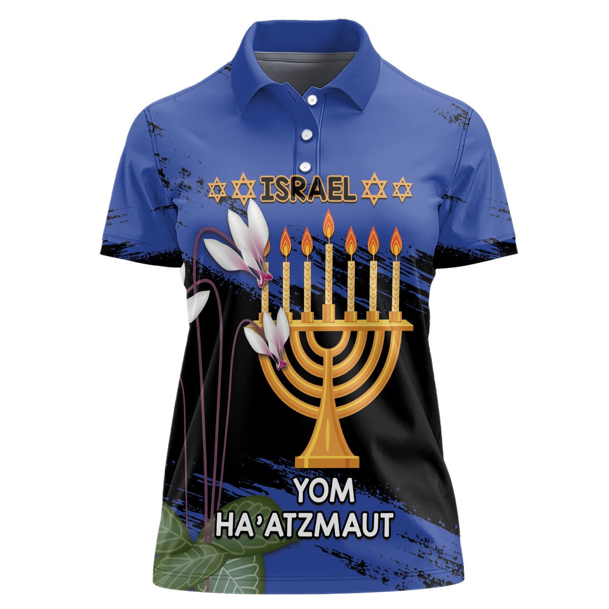 Personalised Israel Independence Day Women Polo Shirt Menorah With Cyclamen Persicum Grunge
