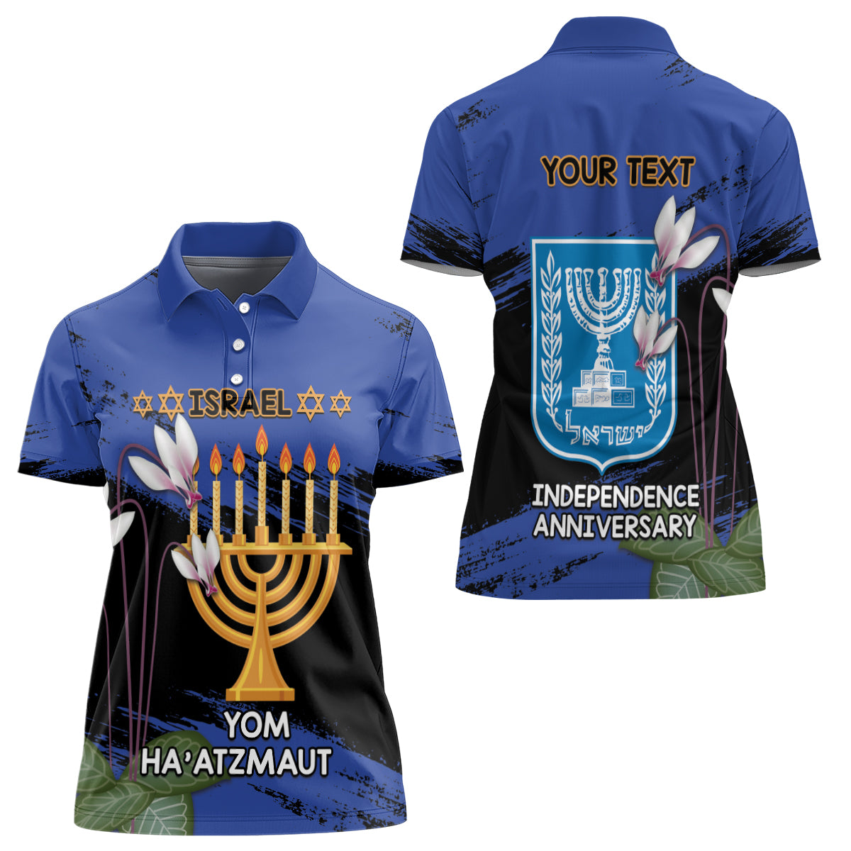 Personalised Israel Independence Day Women Polo Shirt Menorah With Cyclamen Persicum Grunge - Wonder Print Shop