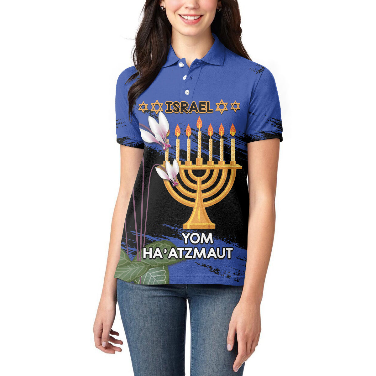Personalised Israel Independence Day Women Polo Shirt Menorah With Cyclamen Persicum Grunge - Wonder Print Shop
