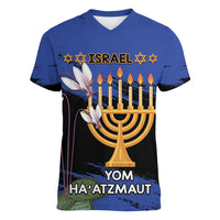 Personalised Israel Independence Day Women V-Neck T-Shirt Menorah With Cyclamen Persicum Grunge - Wonder Print Shop