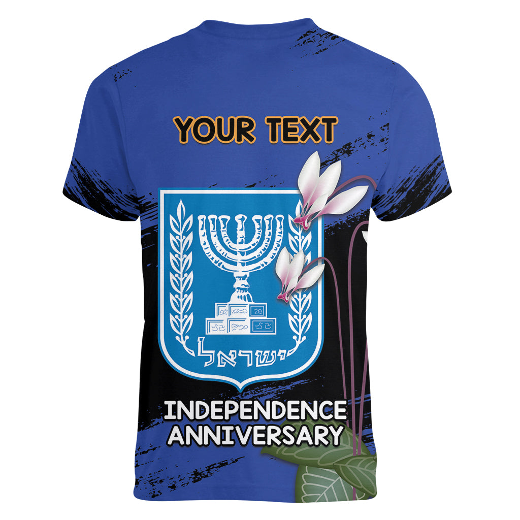Personalised Israel Independence Day Women V-Neck T-Shirt Menorah With Cyclamen Persicum Grunge - Wonder Print Shop