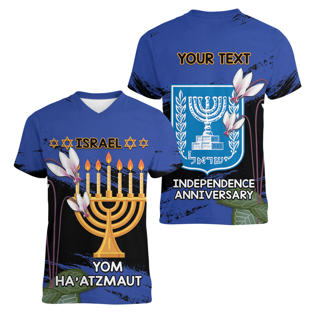 Personalised Israel Independence Day Women V-Neck T-Shirt Menorah With Cyclamen Persicum Grunge - Wonder Print Shop