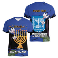 Personalised Israel Independence Day Women V-Neck T-Shirt Menorah With Cyclamen Persicum Grunge - Wonder Print Shop