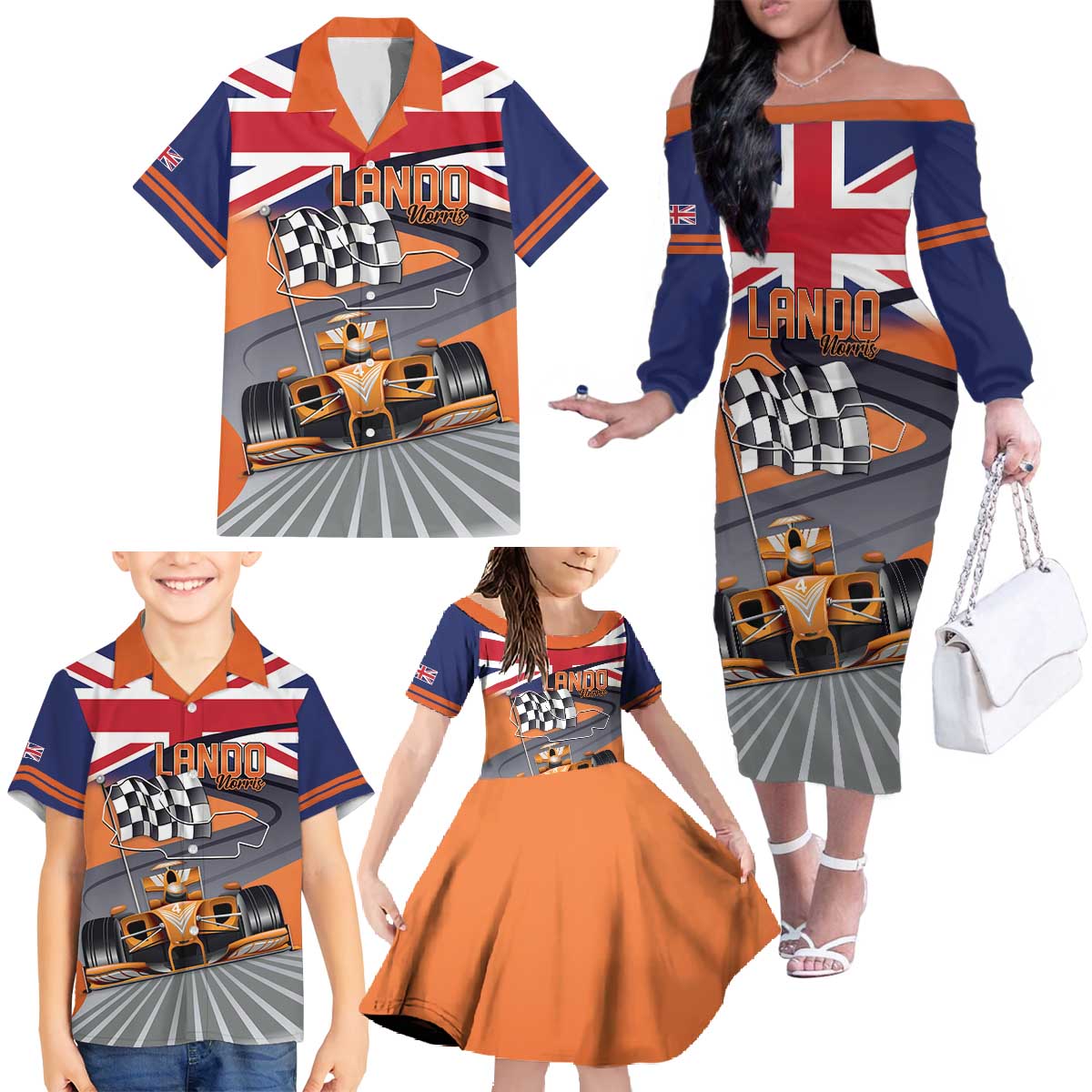 Personalised British Norris Family Matching Off The Shoulder Long Sleeve Dress and Hawaiian Shirt 2025 Champion Australia GP
