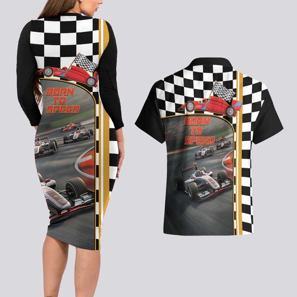 Racing Car 2025 Couples Matching Long Sleeve Bodycon Dress and Hawaiian Shirt Born To Speed