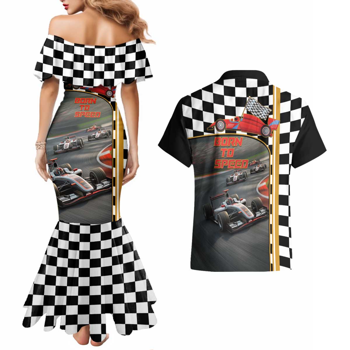 Racing Car 2025 Couples Matching Mermaid Dress and Hawaiian Shirt Born To Speed