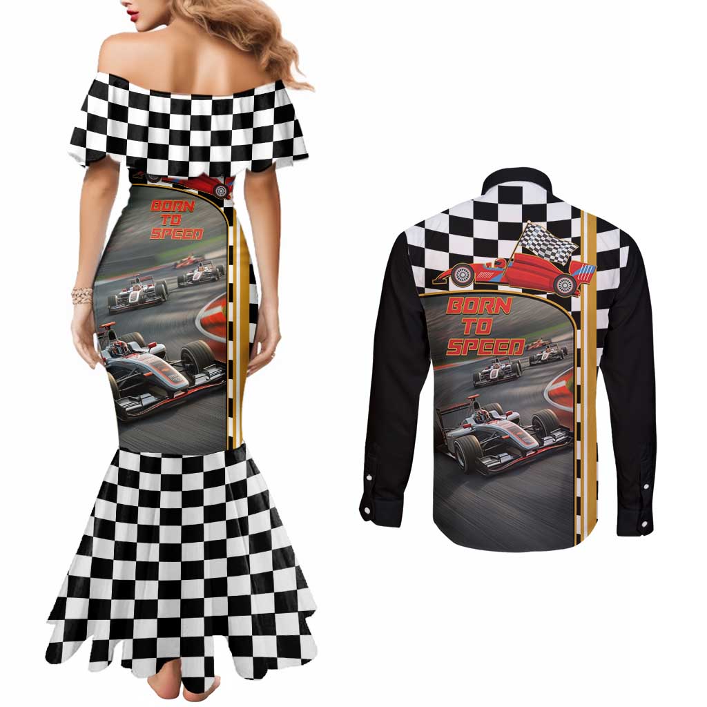 Racing Car 2025 Couples Matching Mermaid Dress and Long Sleeve Button Shirt Born To Speed