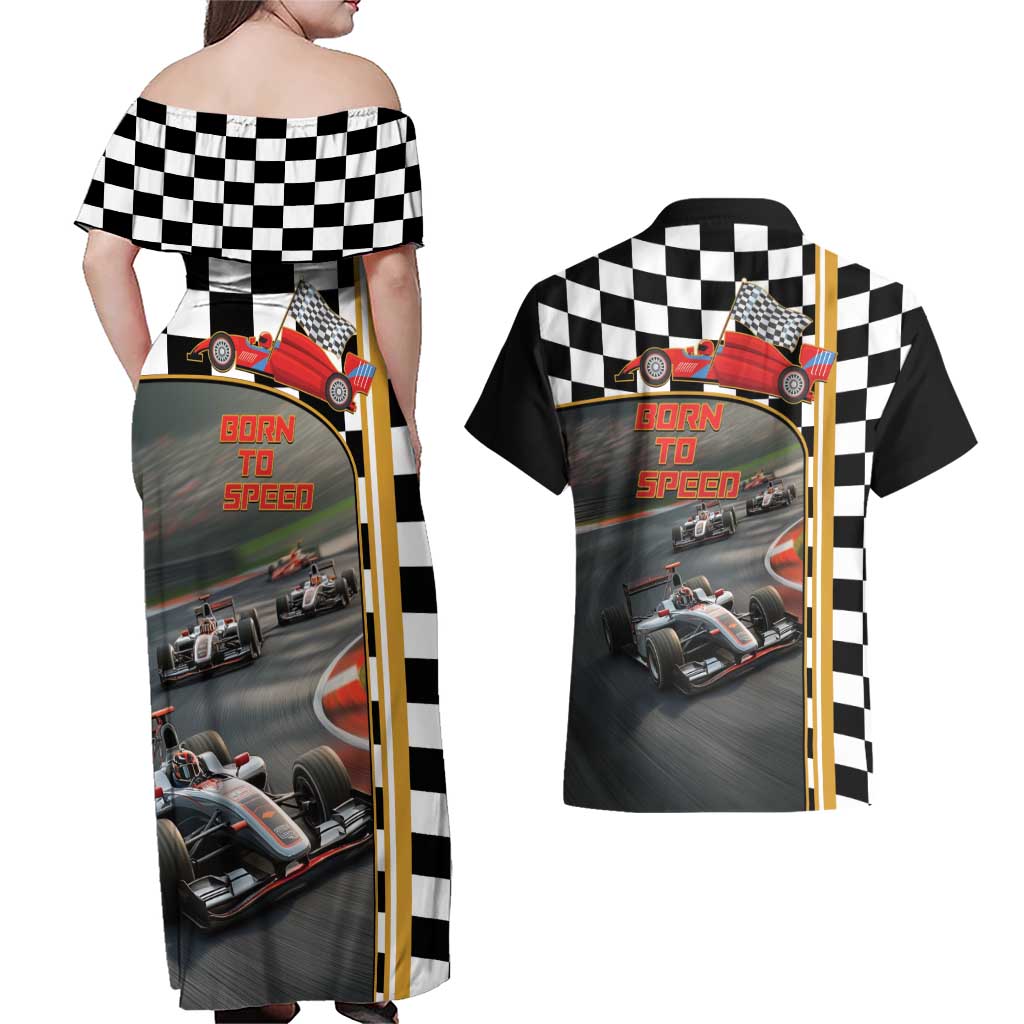 Racing Car 2025 Couples Matching Off Shoulder Maxi Dress and Hawaiian Shirt Born To Speed