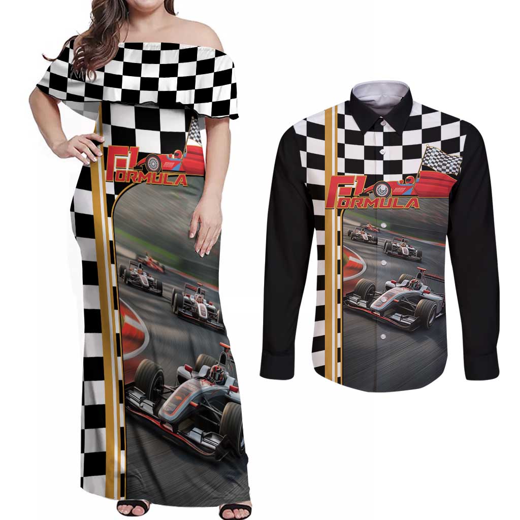 Racing Car 2025 Couples Matching Off Shoulder Maxi Dress and Long Sleeve Button Shirt Born To Speed