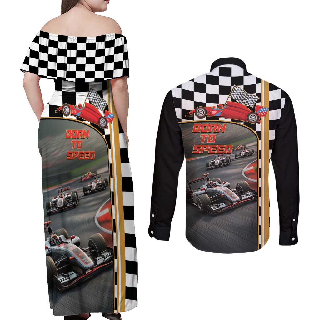 Racing Car 2025 Couples Matching Off Shoulder Maxi Dress and Long Sleeve Button Shirt Born To Speed