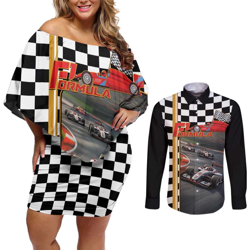 Racing Car 2025 Couples Matching Off Shoulder Short Dress and Long Sleeve Button Shirt Born To Speed
