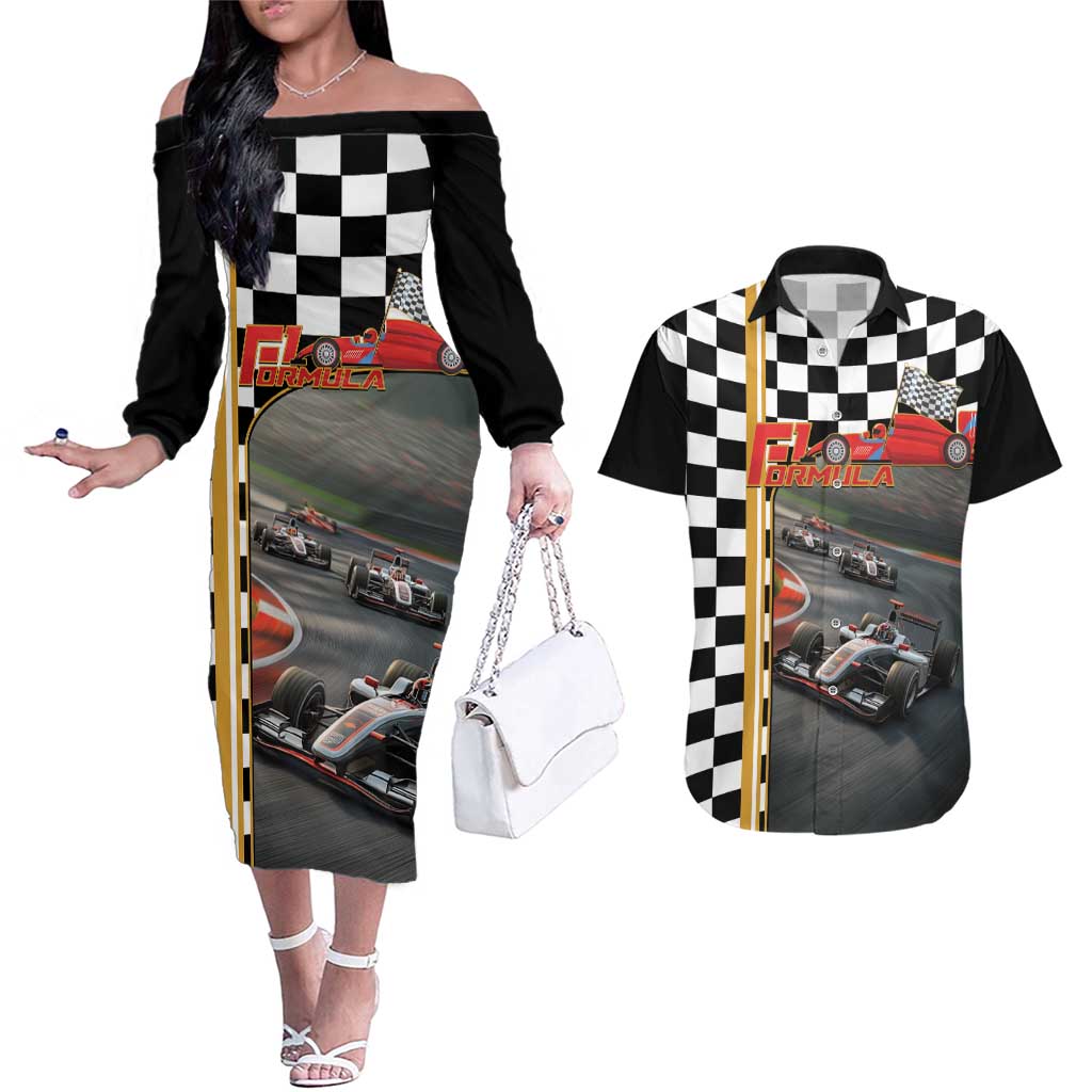 Racing Car 2025 Couples Matching Off The Shoulder Long Sleeve Dress and Hawaiian Shirt Born To Speed